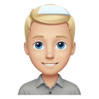 smiling blonde boy, blue eyes, large forehead, pale with a hint of tanning redness, wearing a grey button shirt sticker