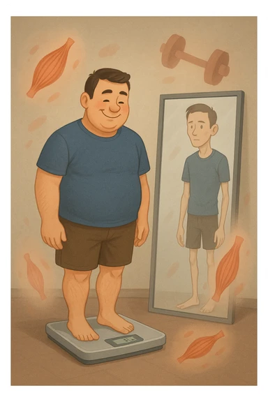 a man stands on a scale, smiling at the lower number, but his reflection in a nearby mirror shows a thinner, but also visibly weaker and less muscular body. Around him, floating icons or faded images of muscle fibers and dumbbells highlight the overlooked loss of muscle mass. The mood is cautionary and educational. in italiano sticker