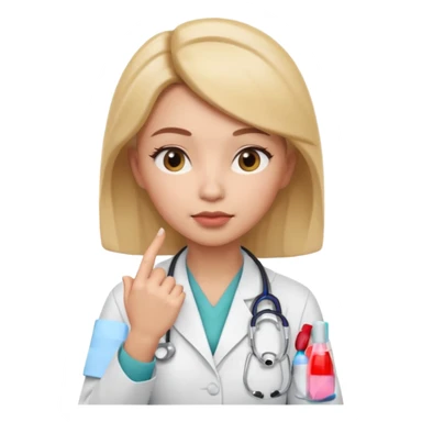 3D memoji female doctor, hand touching chin in thinking pose, thoughtful expression, slightly narrowed eyes, professional medical look, isolated PNG sticker