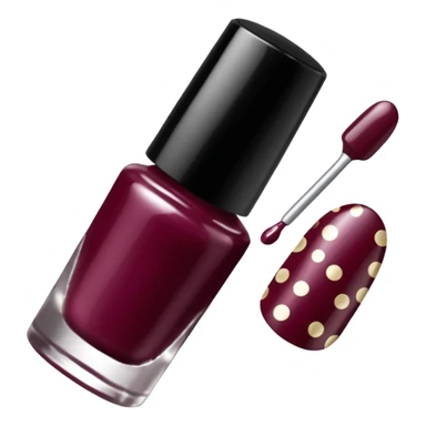 burgundy nail polish bottle, nail polish has light gold iridescence, cap is black with white polka dots, cinematic emoji sticker
