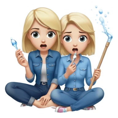 blond woman sitting on her knees with wide eyes, another man in jeans stands on her left, she's holding a wide skin-colored stick with a D-shaped knob, the stick and the nob have skin texture, water squirting from the knob into her mouth, shocked face sticker