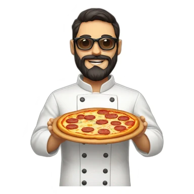 Dark haired chef with beard and big dark glasses holding a slice of pizza sticker