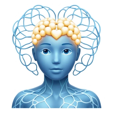 human silhouette with glowing nodes at head and heart, interconnected by flowing lines and floating orbs, soft white-blue light sticker
