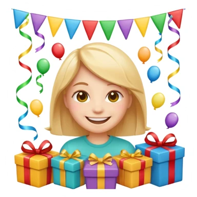 cute emoji character surrounded by gifts and streamers, radiating joy and well-wishes sticker
