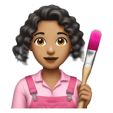 A woman with long black curly hair, brown eyes, wearing a pink overall and a paint brush with colorful paint sticker