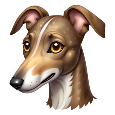 Cinematic Cute Brindle Greyhound Portrait Emoji, Head tilted playfully and inquisitively, featuring a sleek brindle Fur with subtle variations and round, sparkling eyes filled with curiosity, Simplified yet irresistibly adorable features, highly detailed, glowing with a warm, friendly glow, high shine, affectionate and nimble, stylized with a touch of whimsy, bright and endearing, soft glowing outline, capturing the essence of a mischievous yet loving companion, so playful it feels like it could sprint out of the screen and into your arms! sticker