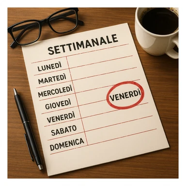 weekly calendar sheet in Italian, days from Monday to Sunday, Friday circled in red, hyperrealistic style, sharp details, desk atmosphere sticker