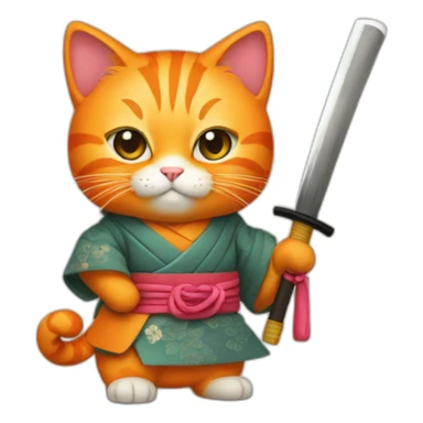 orange cat in japanese clothes with katana sticker