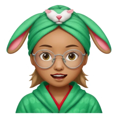Asian woman who has a big rabbit front teeth wearing a green towel in her head with a broken glasses on her face in red pajamas sticker