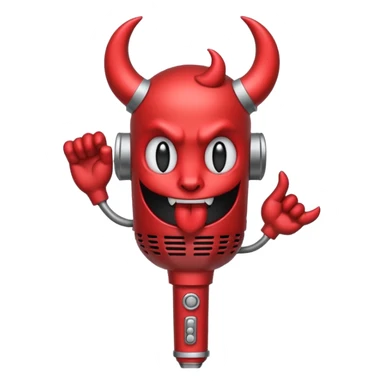 Minimalist emoji-style sticker of a classic retro microphone with small devil horns and a subtle tail wrapping the base. Grayscale with slight red accents.
 sticker