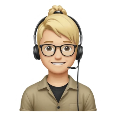blond hair teen boy pony tail undercut with tattoo on his neck, wearing glasses, strong built, smile warmly with headphone sticker