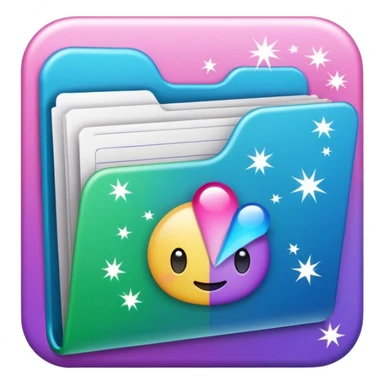 small cute folder icon emoji style, slightly open at the top, several colorful divider tabs peeking out (blue, green, pink, purple), white label area on the front with the word 'Covers', sparkles around the folder sticker