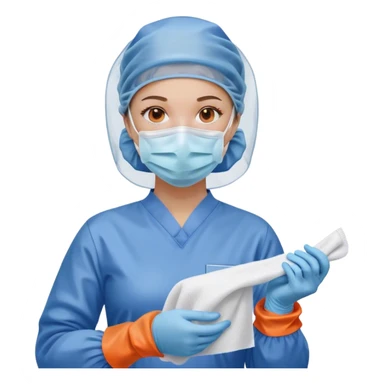 A meticulous cleanroom worker dressed in full protective gear, including a blue sterile suit, a face mask, a hairnet, and orange gloves.  wipe  in her hand. sticker