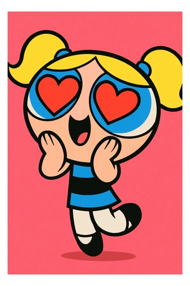 Powerpuff Girls character with a love/heart eyes emotion, cartoon style, vibrant colors sticker