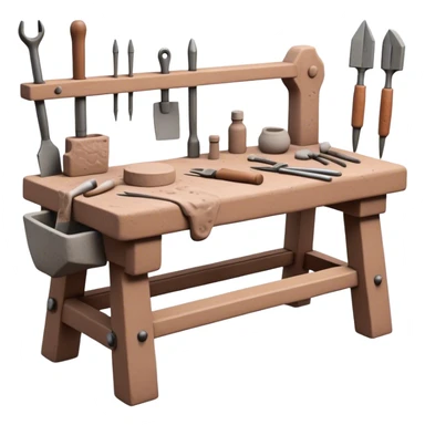 Cinematic Realistic image of a workbench set with a lump of pliable clay and artisanal sculpting tools, rendered with finely detailed textures that reveal subtle clay particles and well-worn tool surfaces, bathed in warm, focused studio lighting sticker