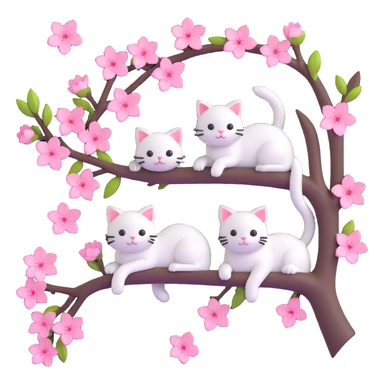 a cherry blossom branch with pink flowers and small white cats peeking out, detailed and realistic yet stylized, rounded petals, playful cats, iOS 3D style sticker