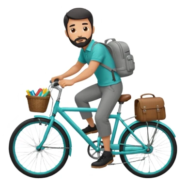 a man with a grey backpack and a torquoise byciycl and he has black shot=rt man hair and a beard with a polo grey shirt and dress pants and hes riding it sticker