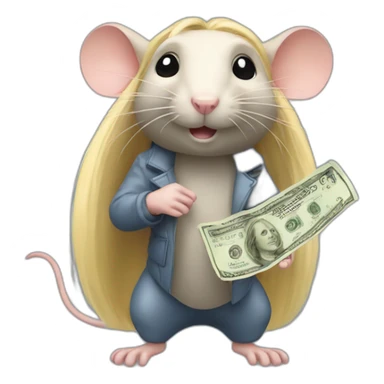 Rat standing up with long blond hair holding money sticker