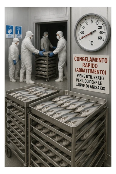 a fish processing facility where freshly caught fish are placed on trays and moved into a large industrial freezer. A temperature gauge shows -20°C, and an educational label explains that rapid freezing (abbattimento) is used to kill Anisakis larvae. The background includes workers in protective clothing and clear signage about food safety. in italiano sticker
