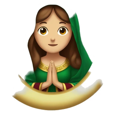 Virgin Mary: kind face looking down at the left, long brown hair, Wearing an emerald green  robe with gold stars and a burgundy red dress,  Hands in prayer or blessing. Halo around her head. standing on a crescent moon.  sticker