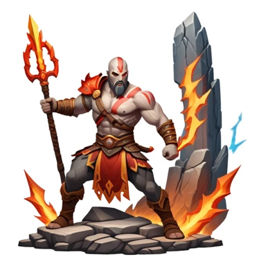 An icon showing a powerful warrior wielding a weapon, ready for battle, inspired by God of War: Ragnarok. The design features a fiery, war-torn landscape with broken statues and lightning in the sky, symbolizing epic combat. Transparent background highlights the action. sticker