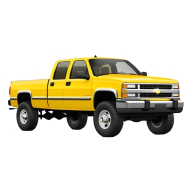 Minimalist bright yellow 1997 Chevrolet C-2500 Crew Cab Silverado truck, three-quarter view at 30 degrees, simplified design, same yellow color as in Kill Bill movie, iOS emoji style sticker
