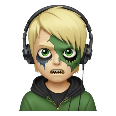 boy zombie whit blonde emo hair and eyes blue and GREEN SKIN and heandphones black AND A MICROFONE AND GOLD TEETH and agesive face and the hoodie black  sticker