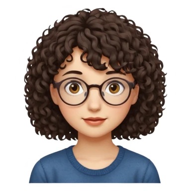 Koyu renk, dağınık kıvırcık saçlı, kısa kahküllü, yuvarlak gözlüklü ve büyük kahverengi gözlü bir genç kadının yüzünü gösteren emoji tarzı illüstrasyon. Hafif bir gülümseme veya tatlı bir sırıtış ifadesi var. Cilt tonu açık. sticker