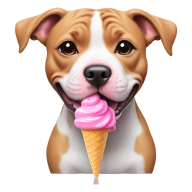 Smiling baby pink Staffordshire bull terrier eating bubblegum ice cream on a rainbow ball sticker