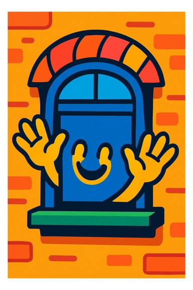 a window with hands, playful and whimsical, vibrant toon style sticker