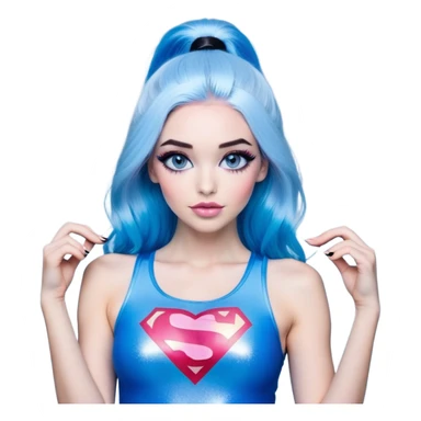 show all body-very very large chest-hands making heart-long legs-model beautiful face-black leggings-hands making heart emoji-light pink lips-very long straight-dark-blue to sky blue ombre hair-and-blue-eyes-thick-black-eyeliner-thick-long-eyelashes-sky blue with glitter superman low cut tanktop sticker