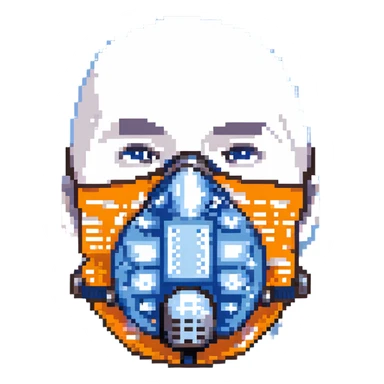 Pixelated blue VO2 max face mask with breathing tubes and valves, no person sticker