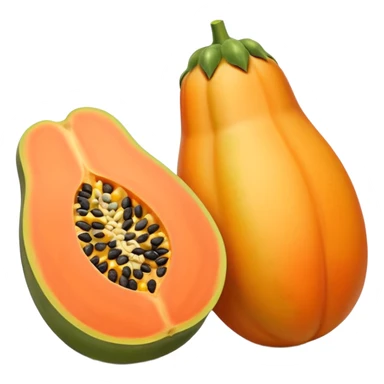 one whole papaya with smooth oval shape and green-yellow skin next to a halved papaya showing vibrant orange flesh and central cluster of small black seeds juicy glossy texture soft lighting subtle shadows emphasizing ripeness no leaf knife or extras transparent background emoji scale sticker