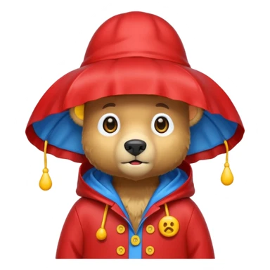 A bear in a red rain hat and a blue raincoat with yellow buttons down the middle sticker