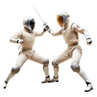 Two fencers in full protective gear and masks duel on a professional piste, swords clashing mid-air. Dynamic lunges and defensive stances highlight the intensity of the sport. The background features a stylized fencing arena with bright lights. Transparent background sticker