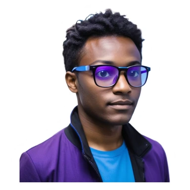 Développeur homme noir, dans un espace de coworking moderne, lumière néon bleue et violette, reflet sur son visage concentré, code affiché sur plusieurs écrans, légère profondeur de champ, ambiance professionnelle, style cinématique 4K, détails précis, peau naturelle, contraste fort. sticker