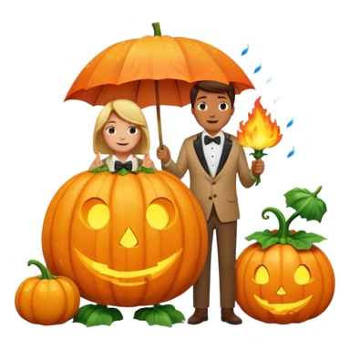 Make a guy hugging a giant pumpkin with a fork in his right hand while there's fire while there's a lady watching while it's raining while there's an umbrella on the ground that's alive and the sun has a bow tie on his neck sticker