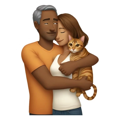 A man hugs a long brown-haired skinny hot woman and a bengal cat sticker