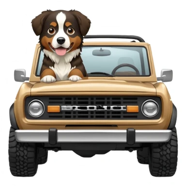 Sand colored ford bronco with no roof and Bernese mountain dog in the back sticker