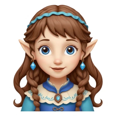 Kind happy whimsical quirky Girl toymaker, wood carving elf. Woodland creator. Blue eyes. brown hair (just below chin length) wavy hair & bangs. Whimsical playful cute sticker