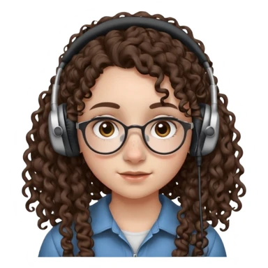 brunette kid with unique face features and very curly long hair kid girl neutral and very big nose and ears and dark eyes with freckles kind of nerd looking and headphone wearing no glassess just nose piercing very big one and evebrow piercing sticker