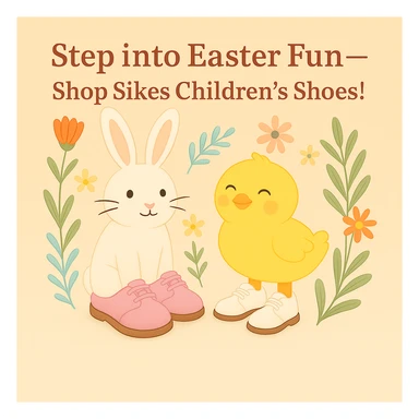 Edit the Easter-themed Instagram post so the rabbit is wearing pink shoes. The chick should keep the classic white lace-up children's shoes. Keep the pastel background, floral accents, and the headline: 'Step into Easter Fun—Shop Sikes Children’s Shoes!'. No logo present. sticker