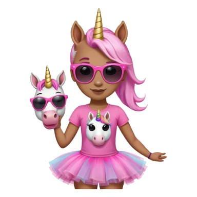 friendly anthropomorphised female unicorn with horse-like face, in tutu and pink t-shirt, wearing dark sunglasses, standard pose, close-crop head and shoulders sticker