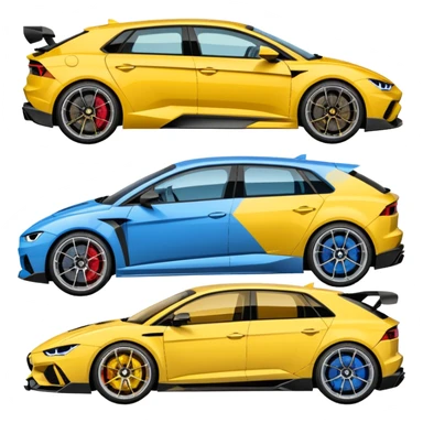 three cars lineup front profile forming a semi circle with a lamboghini svj an bmw m140i and a audi rs6 sticker