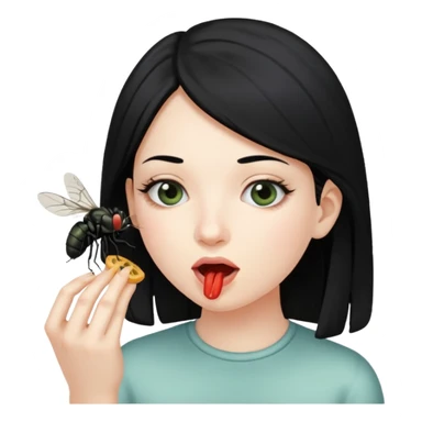 girl  with black hair eating a fly sticker