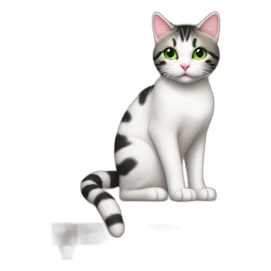 White and black tabby cat with green eyes and pink nose, sitting on light brownpiano sticker