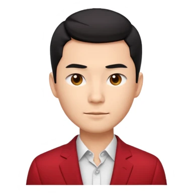 cool handsome Asian man emoji, short black hair styled with exposed forehead, natural slick hairstyle, sharp facial features, fair skin, confident eyes, subtle smirk, wearing dark red suit and white shirt with top buttons undone sticker