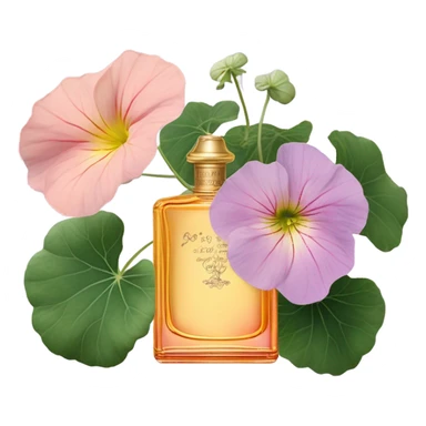 Aesthetic display of blush pink nasturtiums, an elegant violet perfume bottle, a vintage love letter, and a violet satin pouch.
 sticker