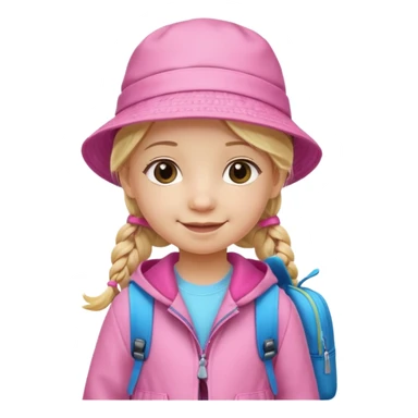 Little girl kid student, long braid blonde, wears pink bucket hat and jacket, backpack, happy sticker