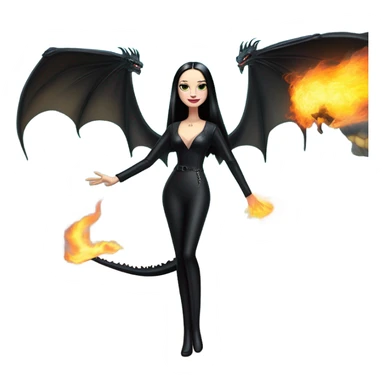  beautifully dressed teen Morticia Addams Malibu Beach Barbie Jedi flying/riding on the back of a very large black shiny evil-looking fire-spewing horned dragon. proper scale sticker